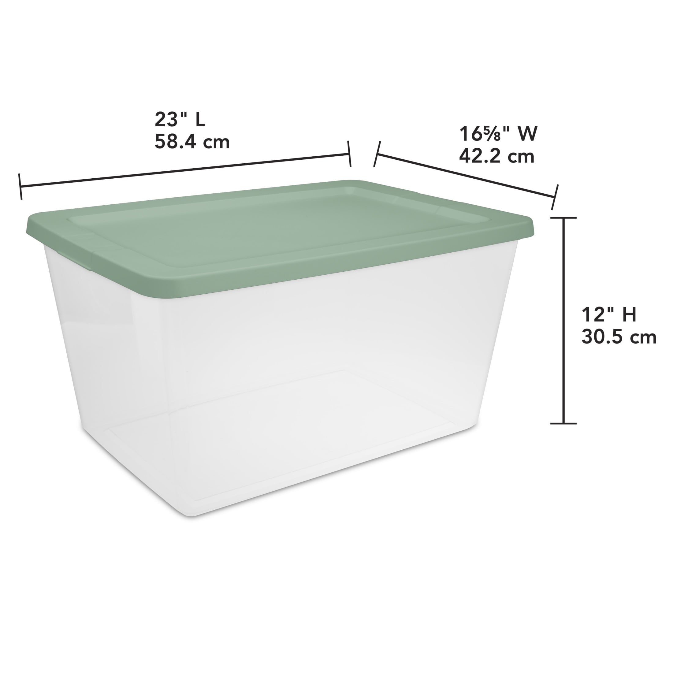 58 Quart Medium Storage Bin, Clear Plastic Storage Container with Snap-On Lid, White