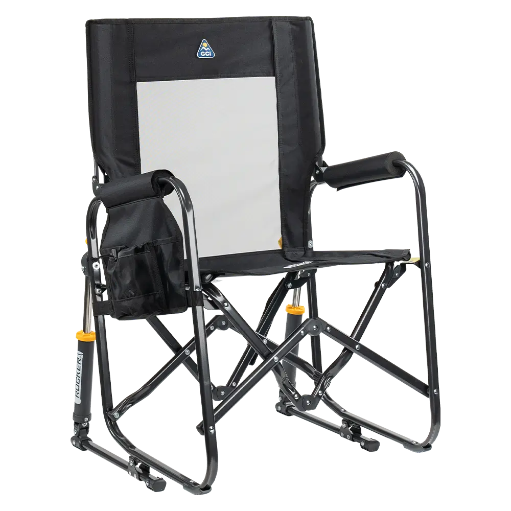 The front right side angle of the Black Stowaway Rocker. 