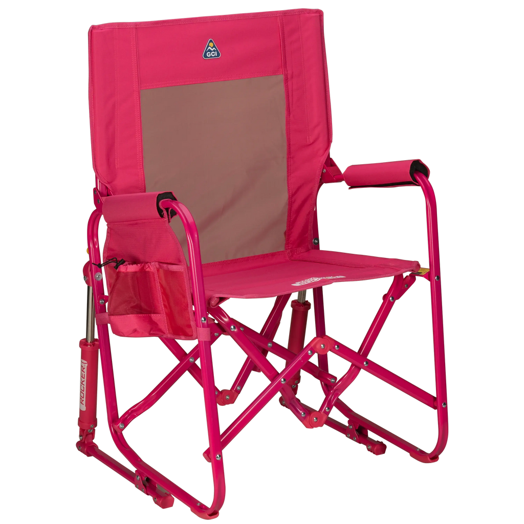 A portable pink rocking chair with a gray seat and armrests, folded and ready for outdoor use.