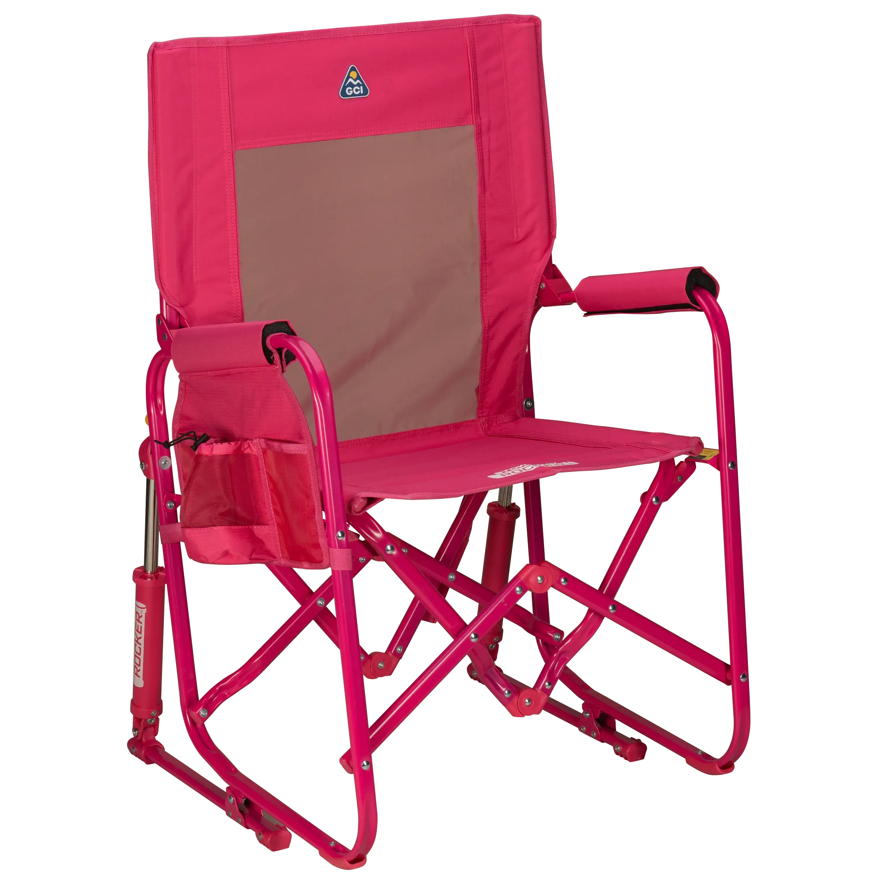 A portable pink rocking chair with a gray seat and armrests, folded and ready for outdoor use.