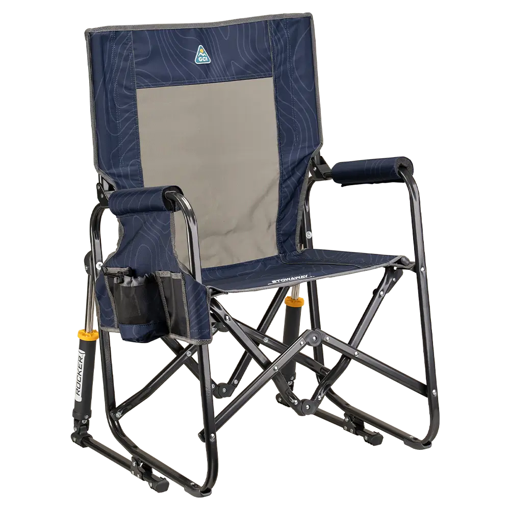 The front right side angle of the Navy Topo Stowaway Rocker. 
