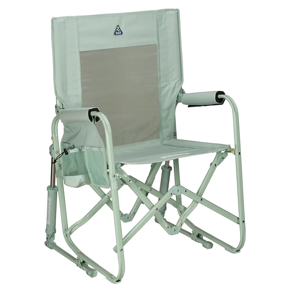 The front right side angle of the Pastel Green Stowaway Rocker. 
