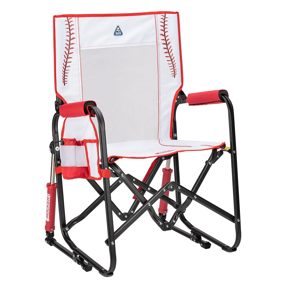 Front right side angle of the Baseball Stowaway Rocker. 