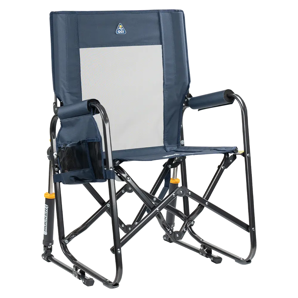 The front right side angle of the Denim Stowaway Rocker. 
