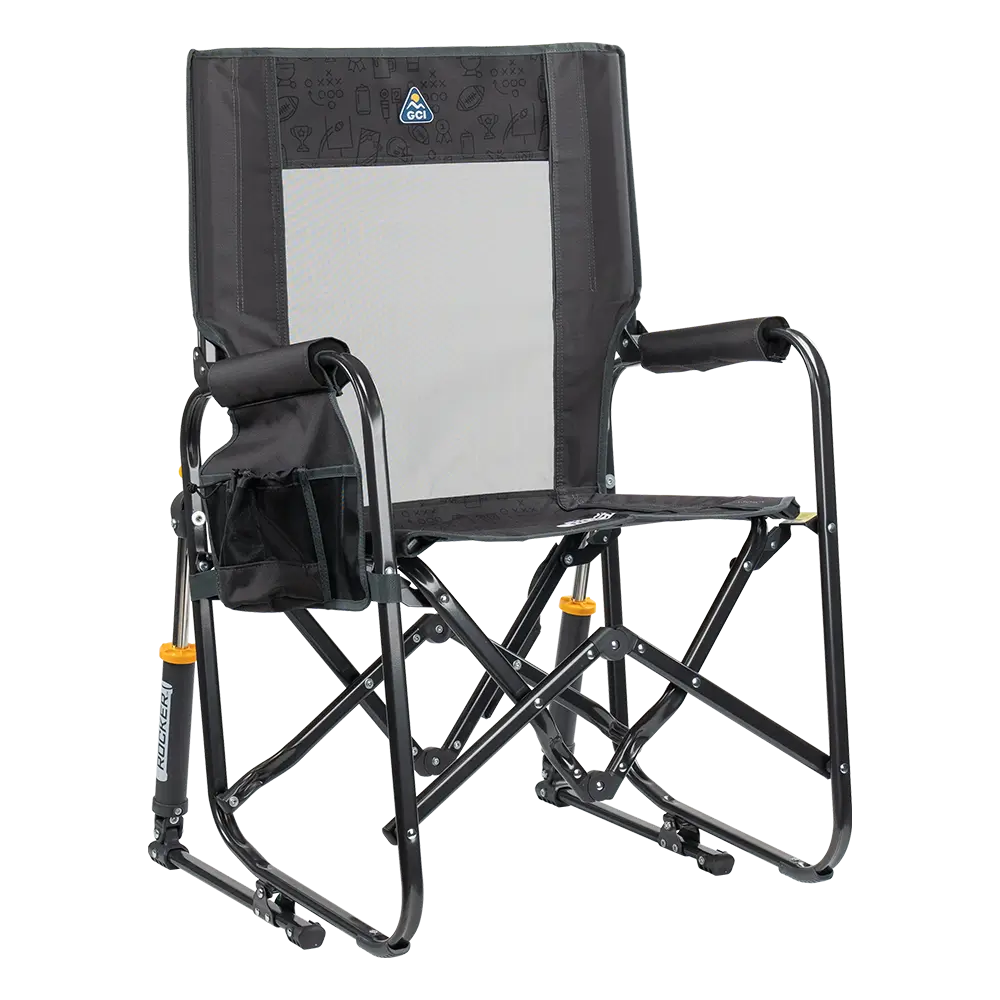 The front right side angle of the Tailgater Dark Charcoal Stowaway Rocker. 