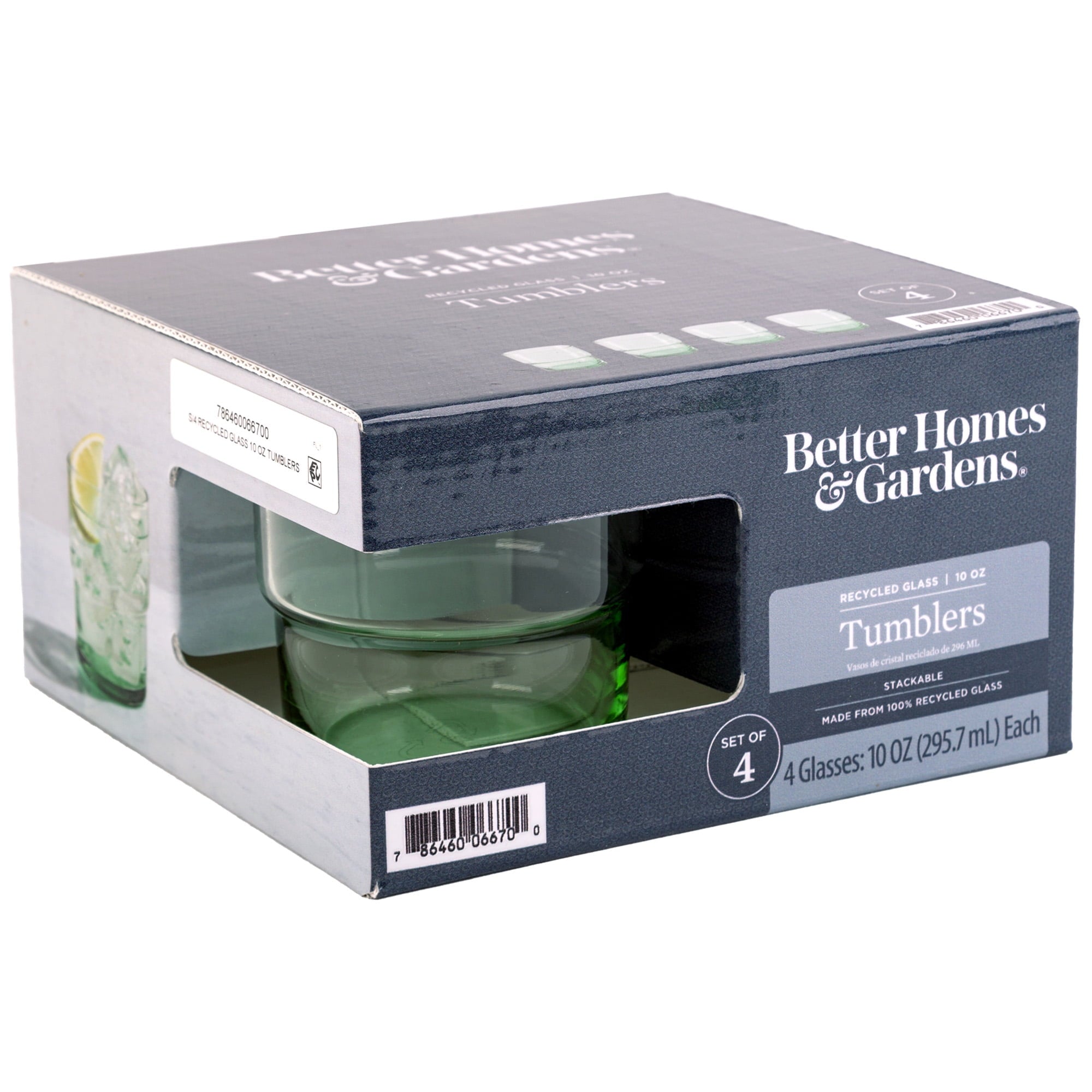 Better Homes &amp; Gardens Recycled Green Glassware, Glass, 4 Pack, 10 oz