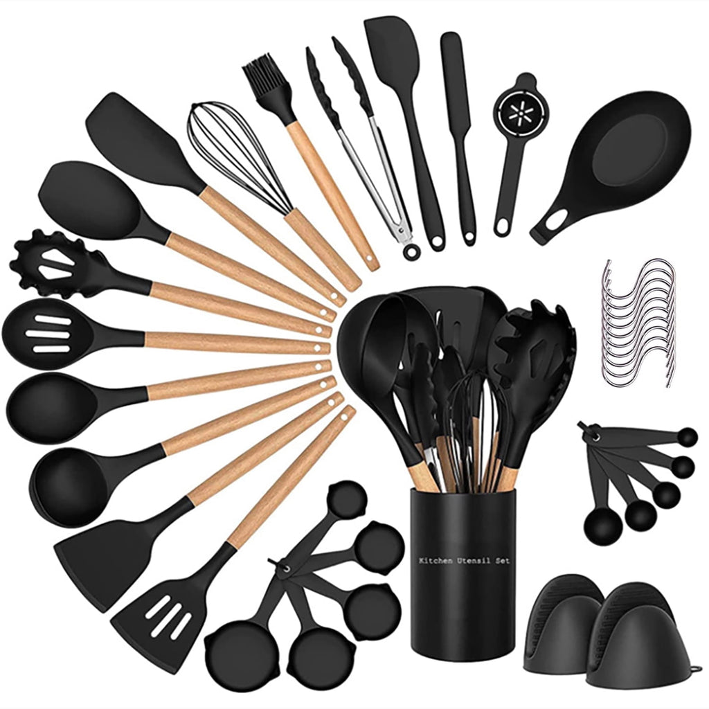 38 Pcs Silicone Cooking Utensils Kitchen Utensil Set - 446°F ,Turner Tongs,Spatula,Spoon,Brush,Whisk. Wooden Handles Kitchen Gadgets Tools Set for Non-Stick Cookware (BPA Free).