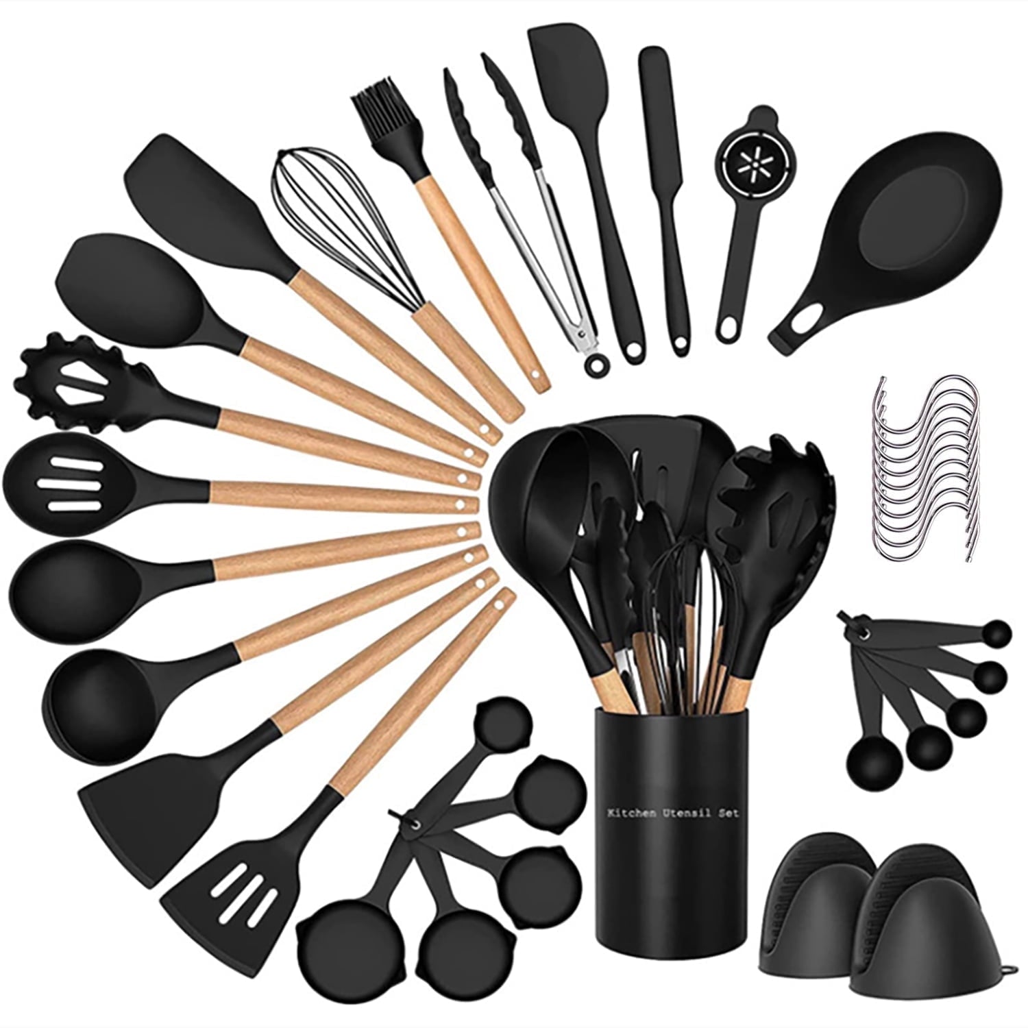38 Pcs Silicone Cooking Utensils Kitchen Utensil Set - 446°F ,Turner Tongs,Spatula,Spoon,Brush,Whisk. Wooden Handles Kitchen Gadgets Tools Set for Non-Stick Cookware (BPA Free).