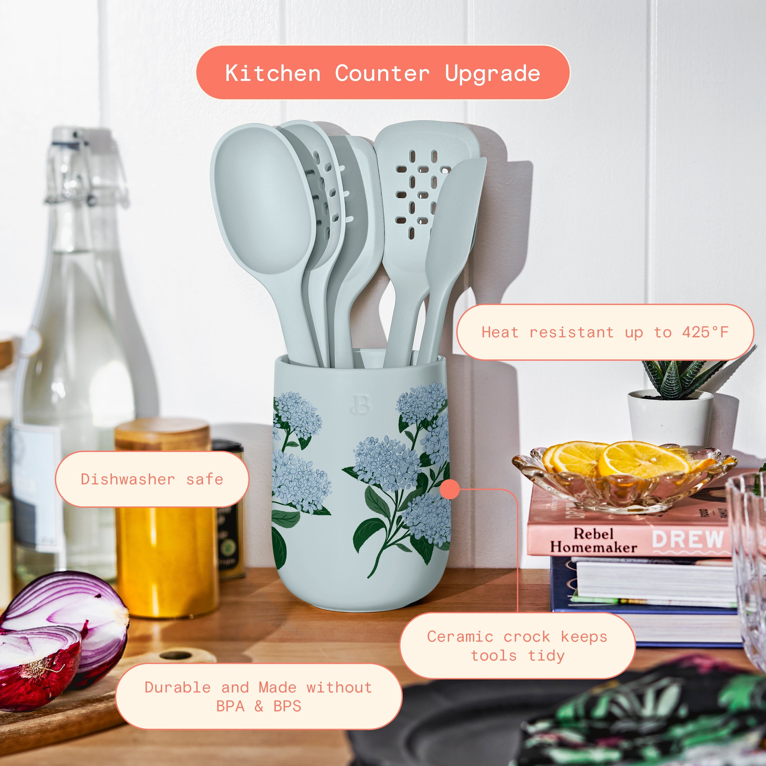 6-Piece Silicone Tool Set with Ceramic Crock, Porcini Taupe by Drew Barrymore