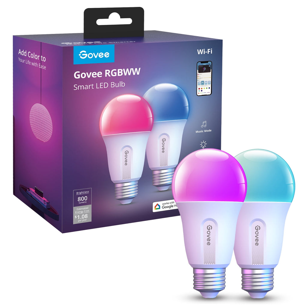 Smart LED Bulbs A19 800LM, 9W RGBWW Color-Changing Light Bulbs, E26 Base, 2-Pack, WiFi + Bluetooth