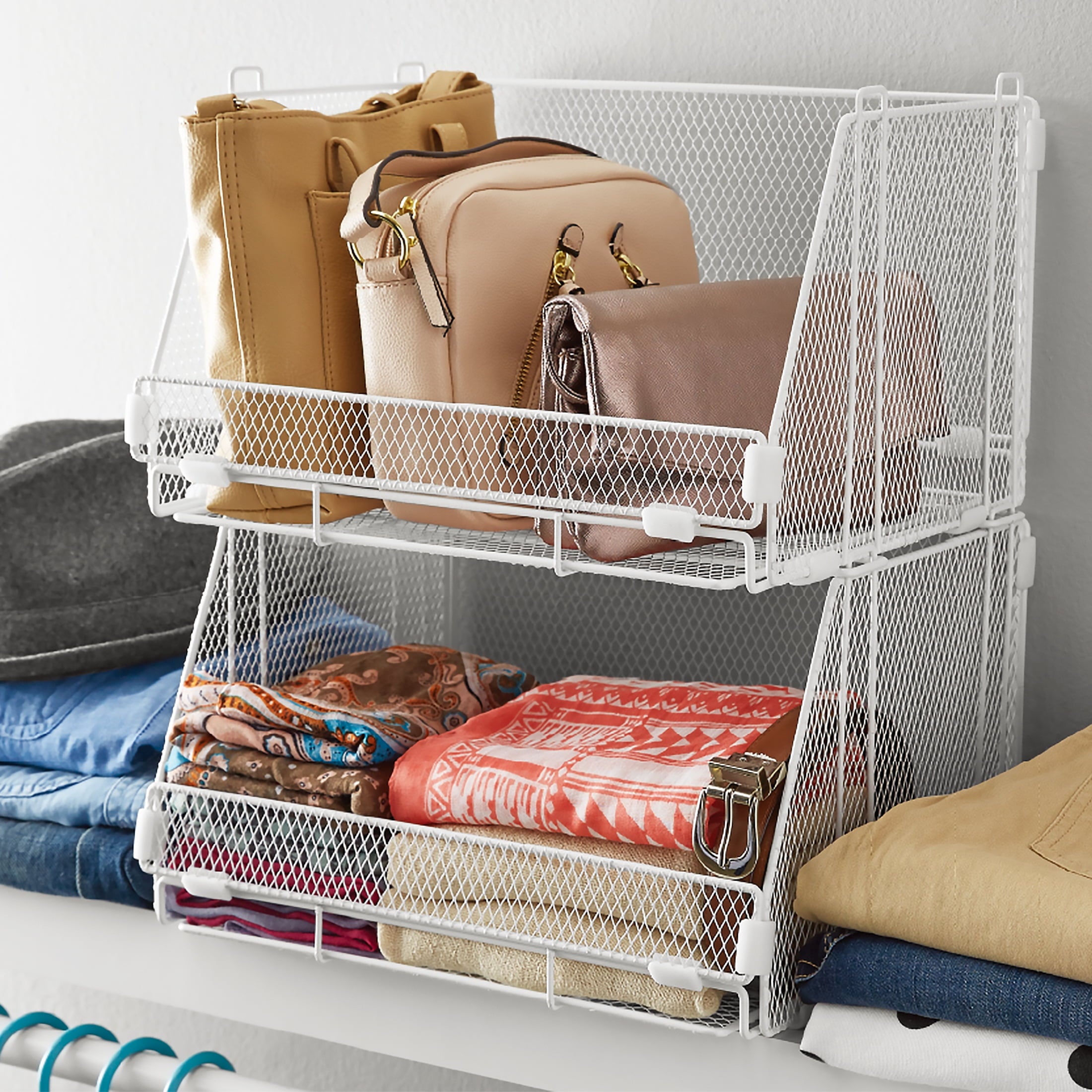 Folding Storage Baskets, Collapsible Plastic Organizer Bins with Clip Handles, 2 Pack, White