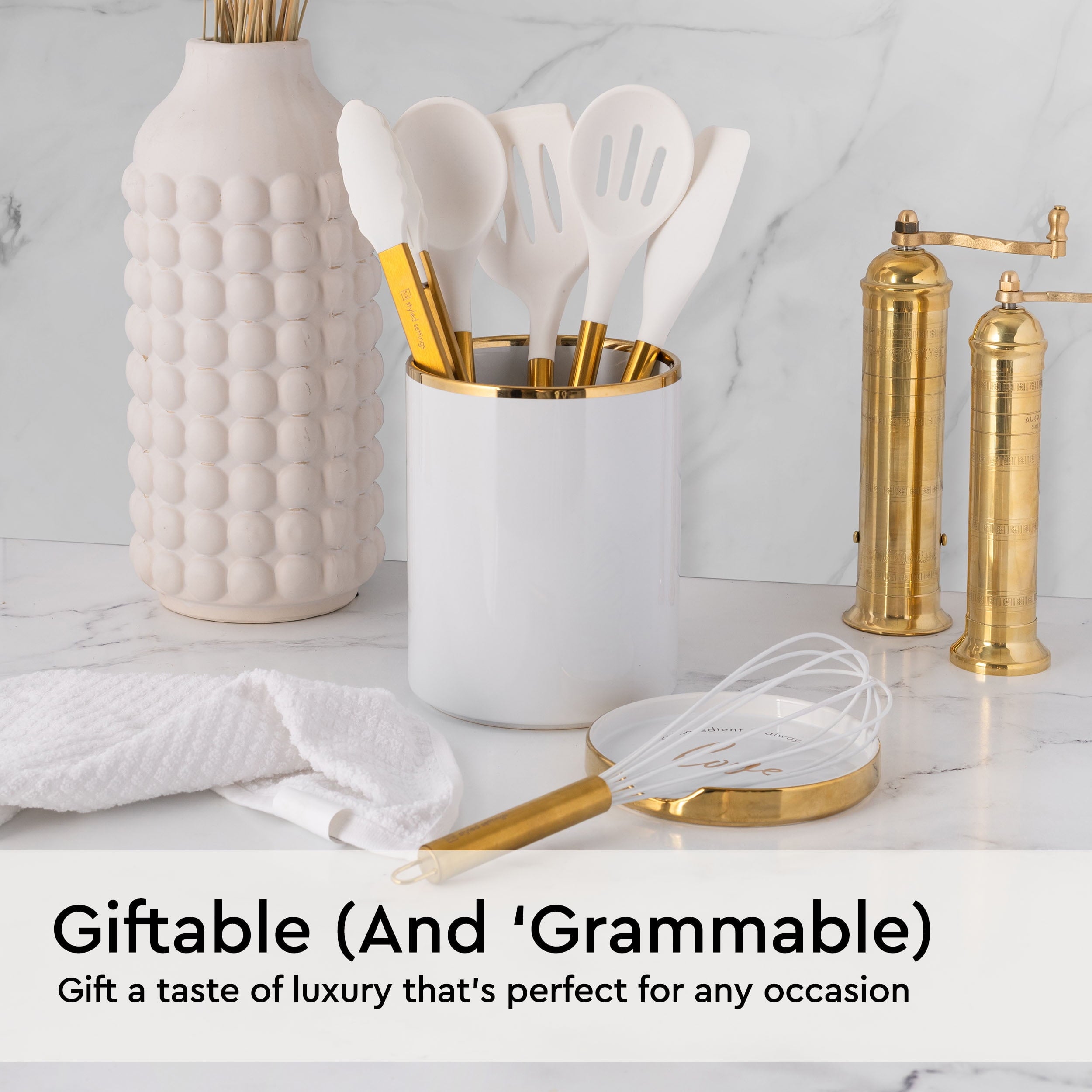 White Silicone and Gold Cooking Utensils Set