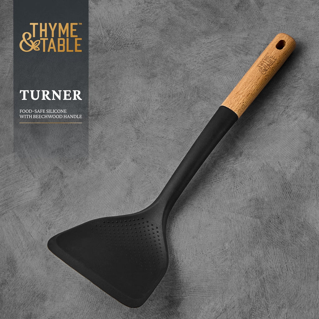 Thyme &amp; Table Food-Safe Silicone Turner with Beechwood Handle, Black