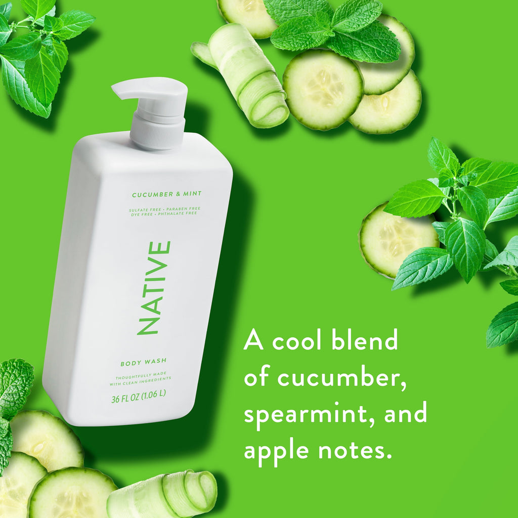 Body Wash, Cucumber &amp; Mint, Sulfate Free, Naturally Derived Ingredients, 24hr Freshness, for Women &amp; Men, 36 fl oz