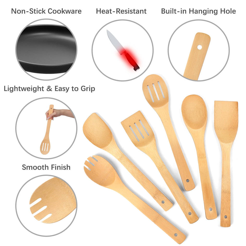 Wooden Spoons for Cooking, 6Pcs Banboo Spatula Spoon Tongs Utensils Set for Kitchen Cookware