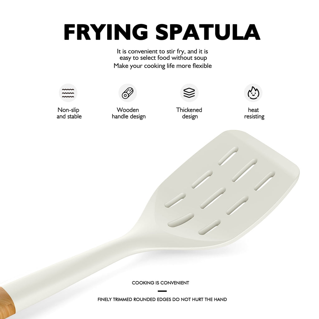 Large Silicone Cooking Utensils - Kitchen Utensil Set with Wooden Handles, Spatula,Turner, Slotted Spoon, Pasta server, Kitchen Gadgets Tools Sets for Non-Stick Cookware (Khaki)