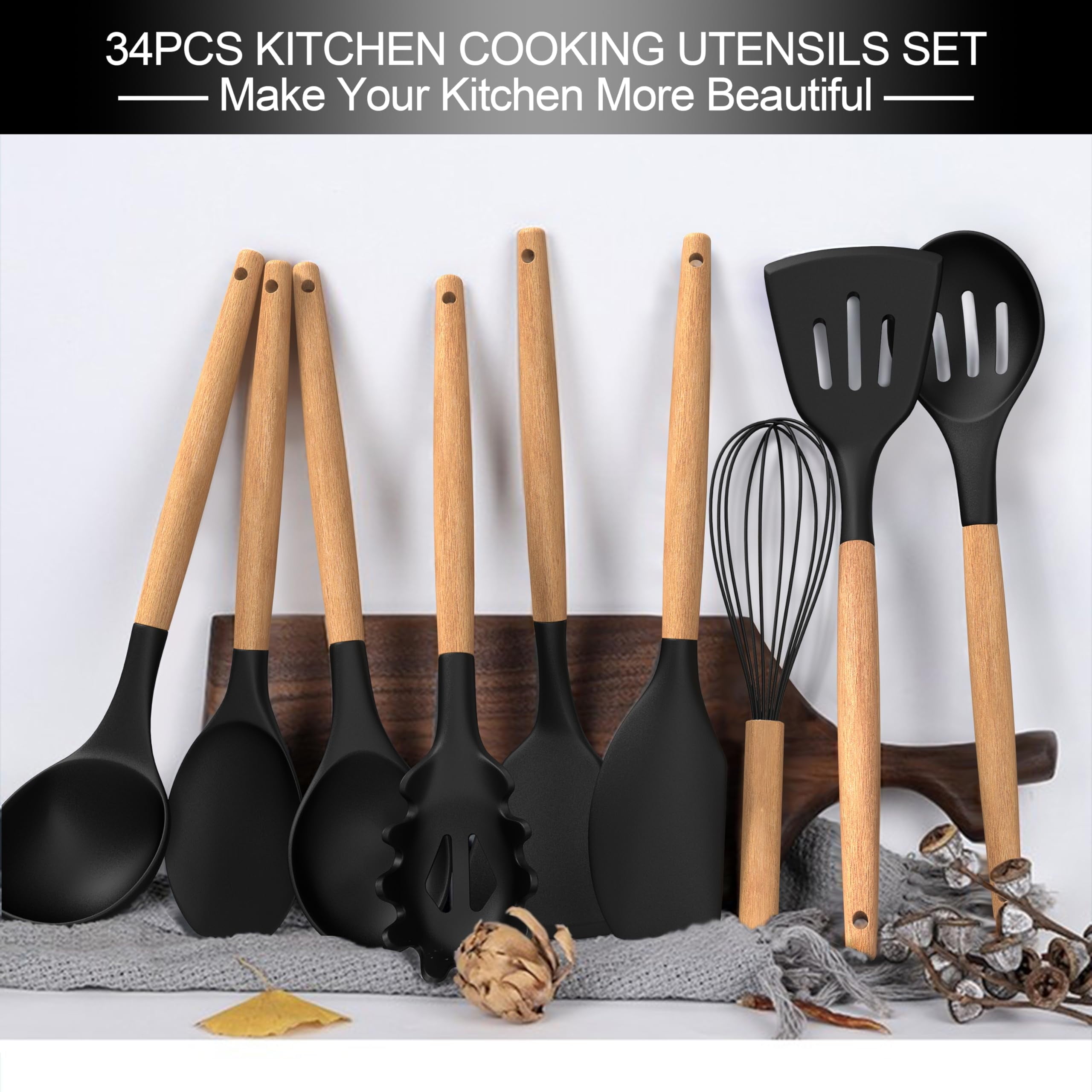 43Pcs Silicone Cooking Utensils Set - 446°F Non-Stick Kitchen Utensils, Kitchen Utensil Gadgets Tools Set for Baking, Cooking, and Mixing, (BPA Free)(Black)