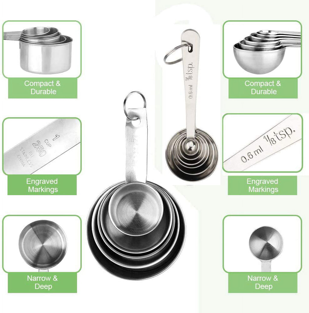 Square 13-Piece Stainless Steel Measuring Cups and Spoons Set, 5 Stainless Steel Measuring Cups,6 Stainless Steel Measuring Spoons &amp;1 Measuring Stick Leveler &amp;1 Mini Egg Whisk, kitchen tools for Cook