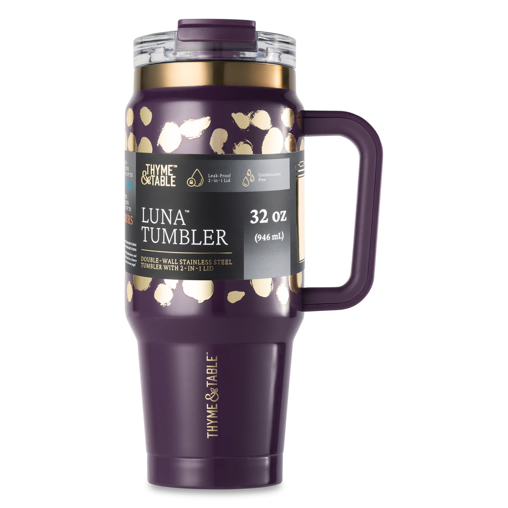 Thyme &amp; Table 32 fl oz Stainless Steel Luna Tumbler with Handle and Dual Straw Lid, Cream &amp; Black Check