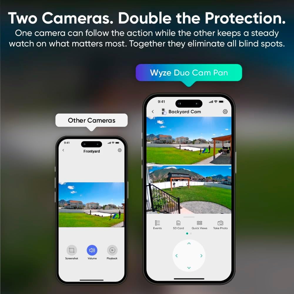 Duo Cam Pan Indoor/Outdoor Smart Security Camera 2K IP65 360° Pan/Tilt with Color Night Vision and Spotlight