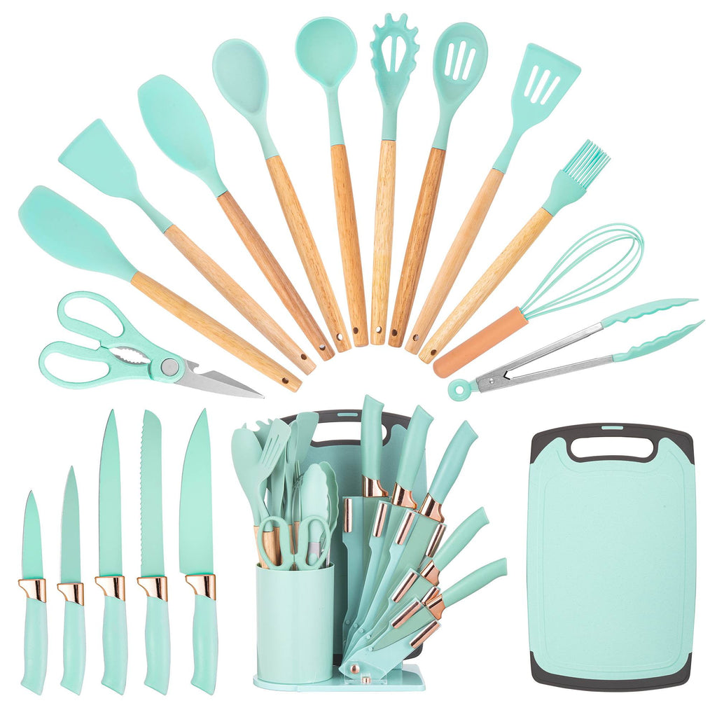 19-Piece Silicone Kitchen Utensil &amp; Knife Set - Heat-Resistant Cooking Tools Non-Stick Safe Gift for Mom or Women Black