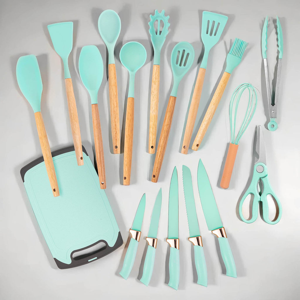 19-Piece Silicone Kitchen Utensil &amp; Knife Set - Heat-Resistant Cooking Tools Non-Stick Safe Gift for Mom or Women Black