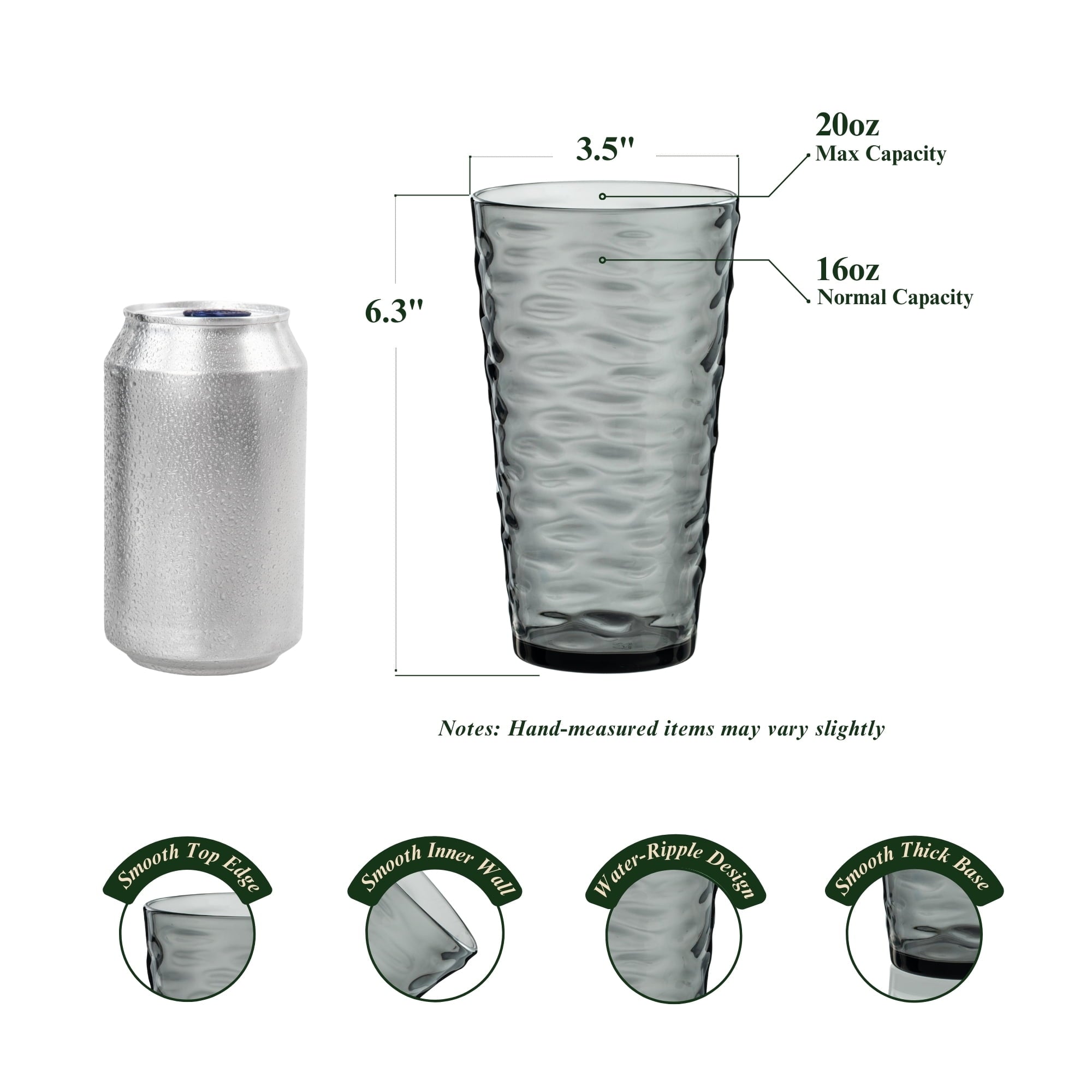 20oz Gray Acrylic Glasses Drinkware (Set of 6), Water-Ripple Shatter-Proof Plastic Tumblers