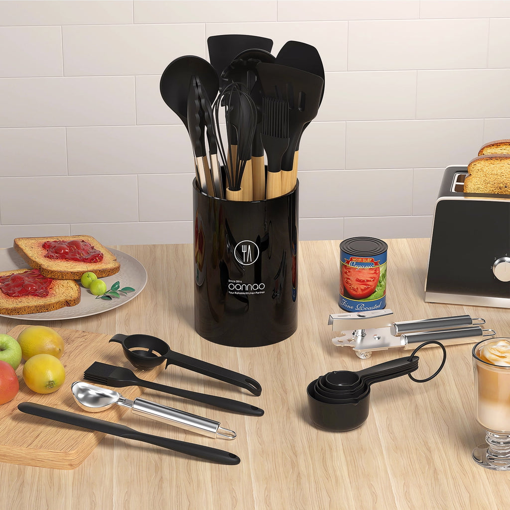Kitchen Cooking Utensils Set, 33 pcs Non-stick Silicone Cooking Kitchen Utensils Spatula Set with Holder, Wooden Handle Silicone Kitchen Gadgets Utensil Set (Cream White)
