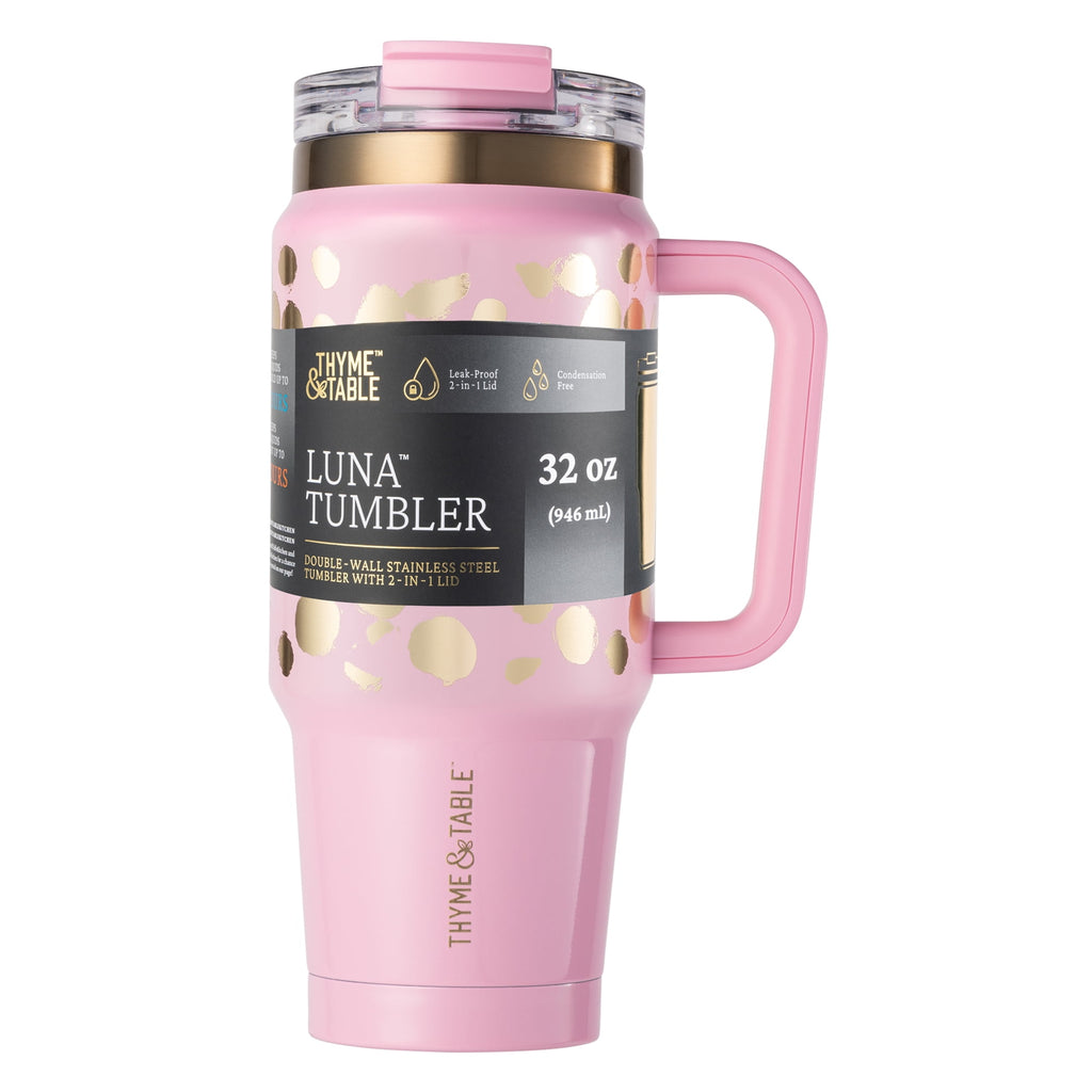 Thyme &amp; Table 32 fl oz Stainless Steel Luna Tumbler with Handle and Dual Straw Lid, Cream &amp; Black Check