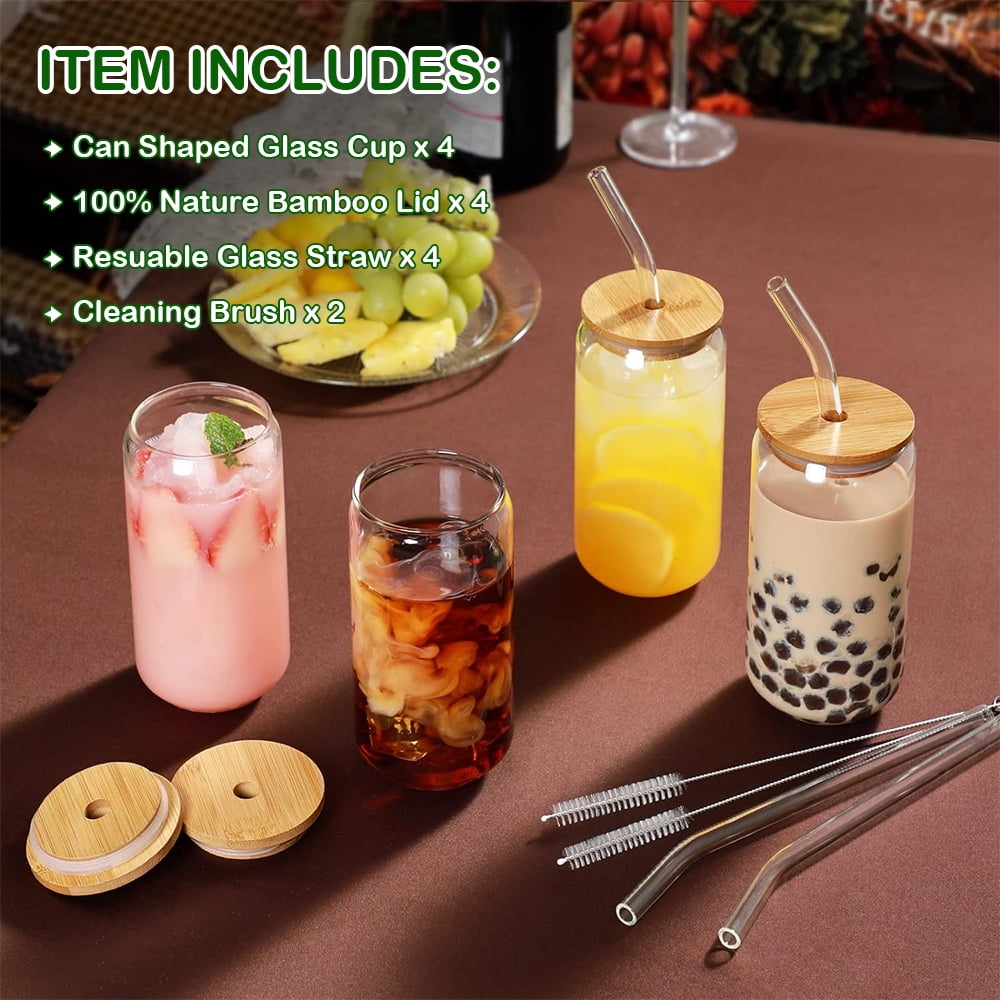16 oz Glass Cups with Bamboo Lids and Glass Straws, Drinking Glasses Set of 4, Beer Can Shaped Glasses with 2 Cleaning Brushes