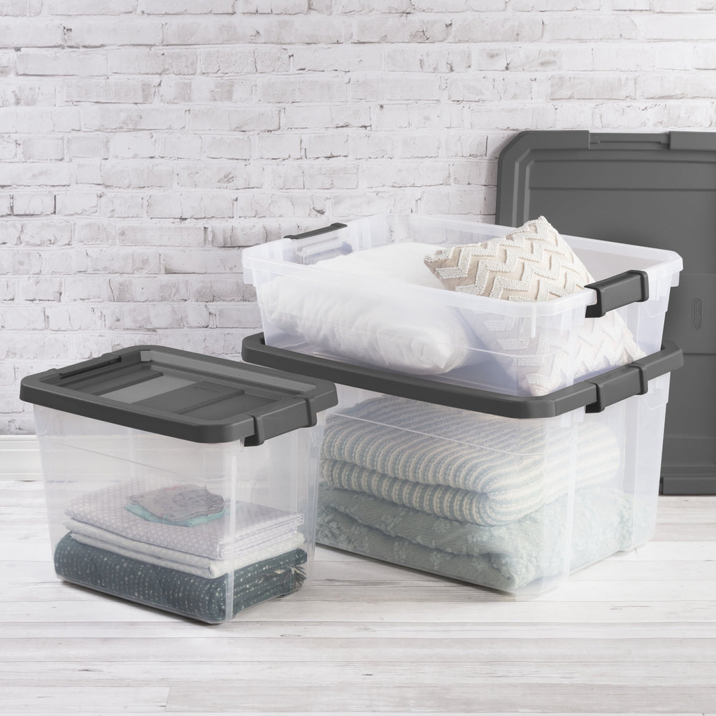 40 Quart Medium Storage Bin, Clear Plastic Underbed Storage Container with Latch Lid, Dark Gray