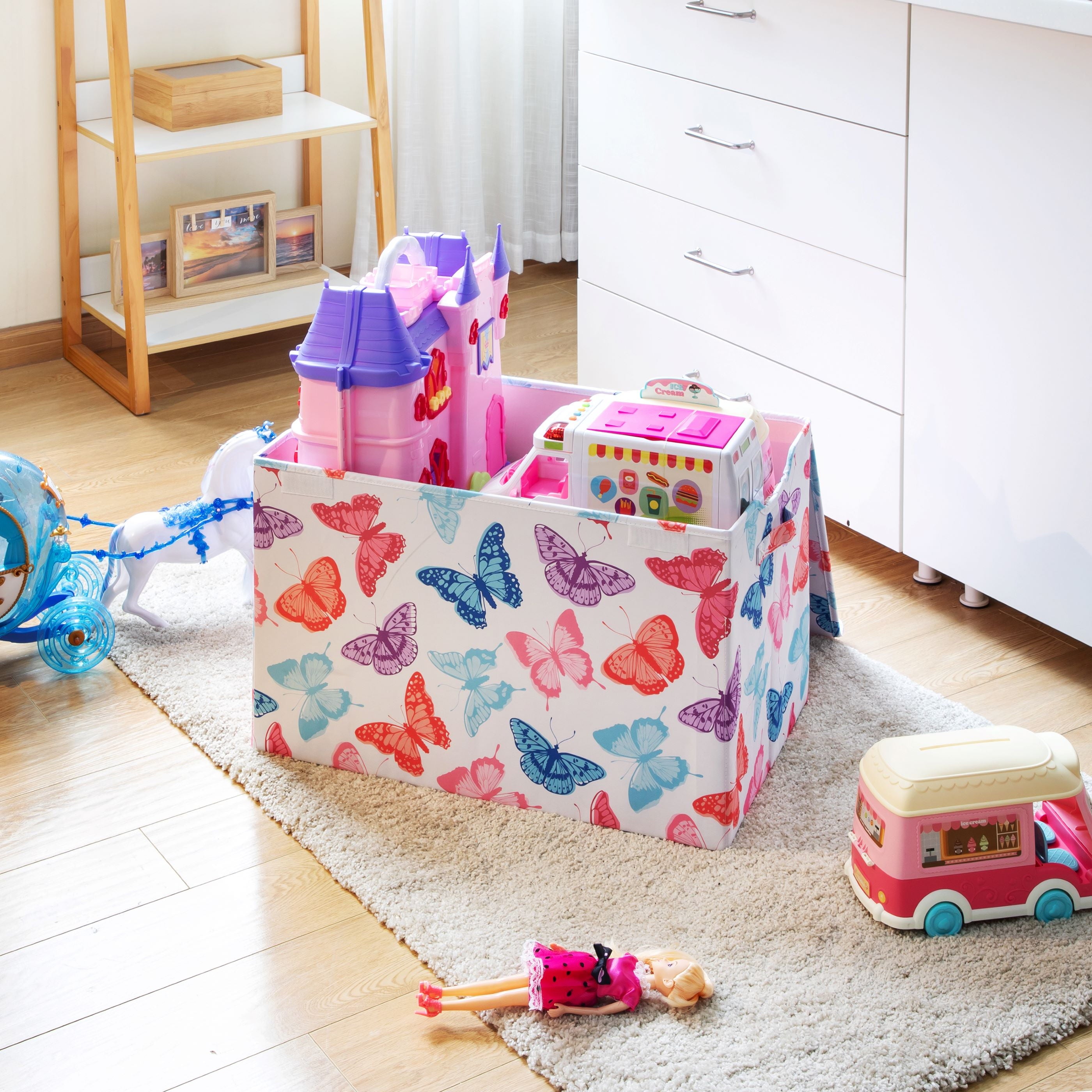 Kids Butterfly Pattern Collapsible Toy Storage Trunk, 24 in x 14.8 in x 15 in