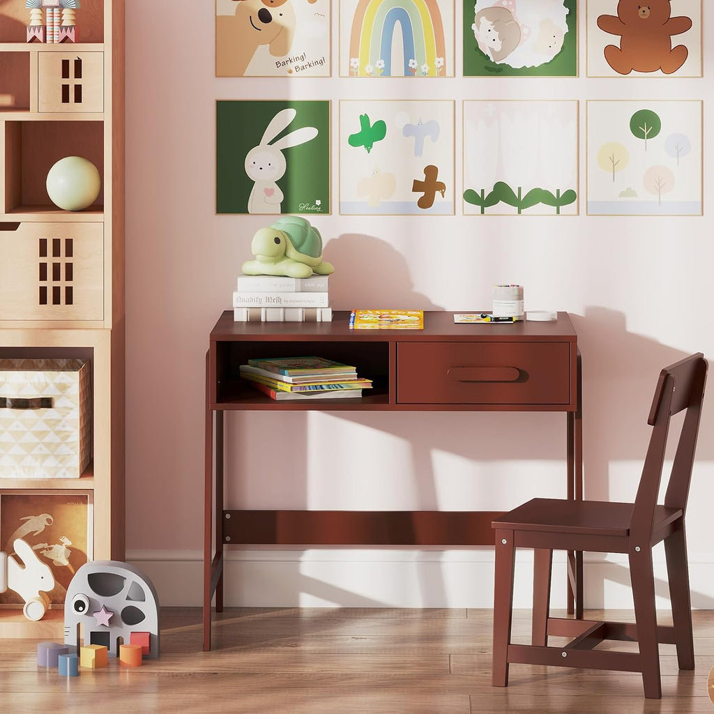 Kids Desk and Chair Set, Wooden Children School Study Table and Chair w/Storage Drawer & Hutch, Student Writing Desk Computer Workstation for Bedroom, Gift for 3 Years Old (White)