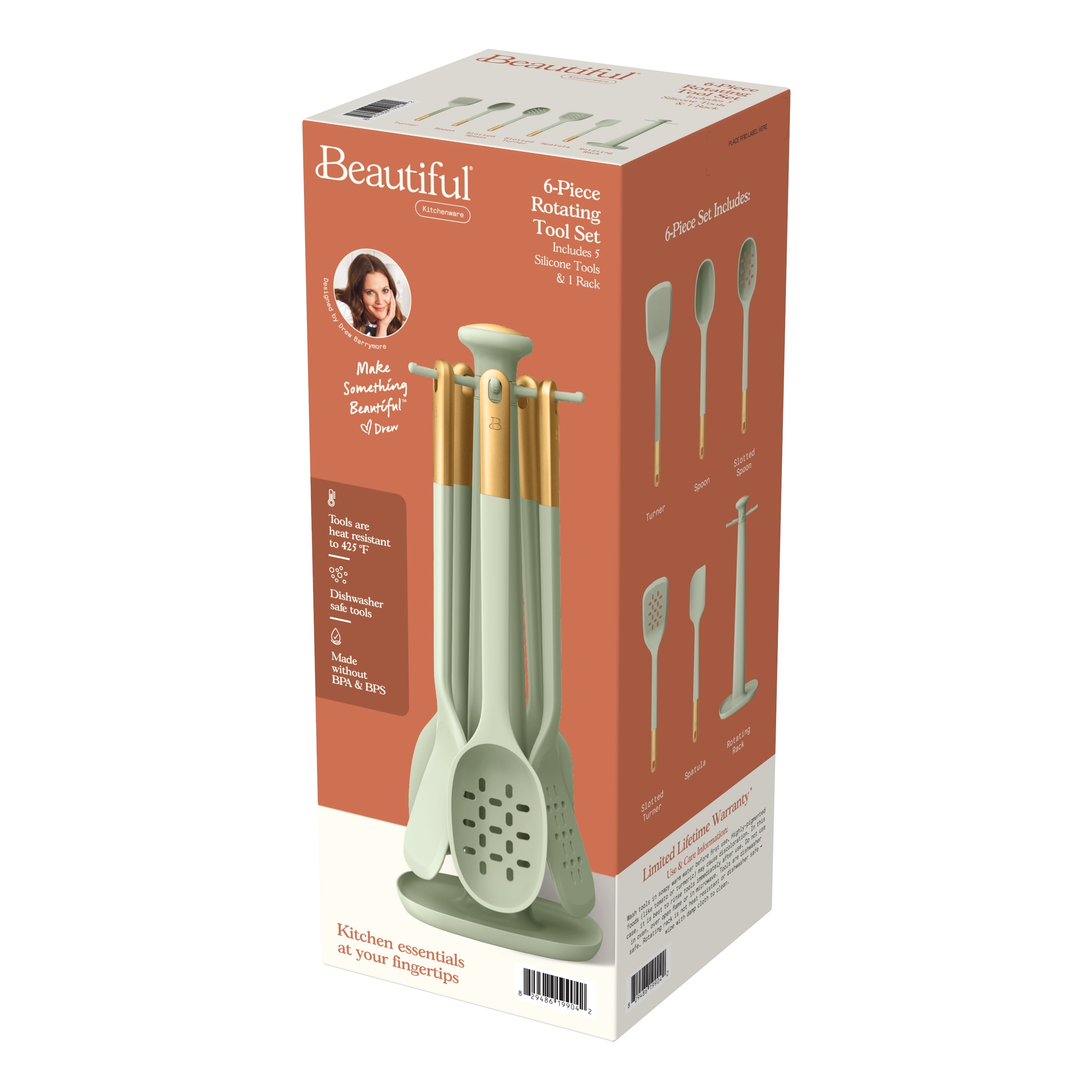 6-Piece Silicone Kitchen Utensil Tool Set with Rotating Rack by Drew Barrymore, Porcini Taupe
