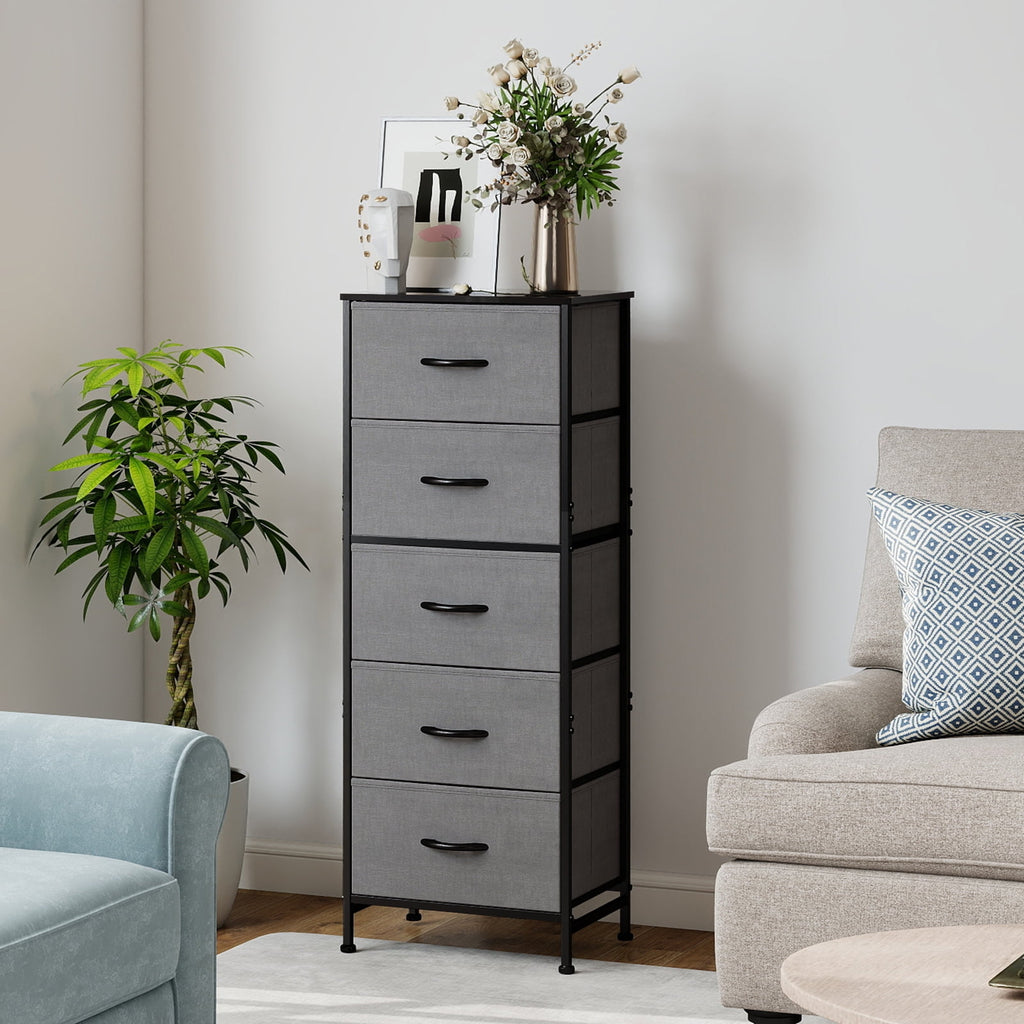 5 Fabric Dresser with 5 Storage Drawers, TV Stand with Wooden Top Metal Frame for Clothes, Living Room, Hallway, Entryway, Rust