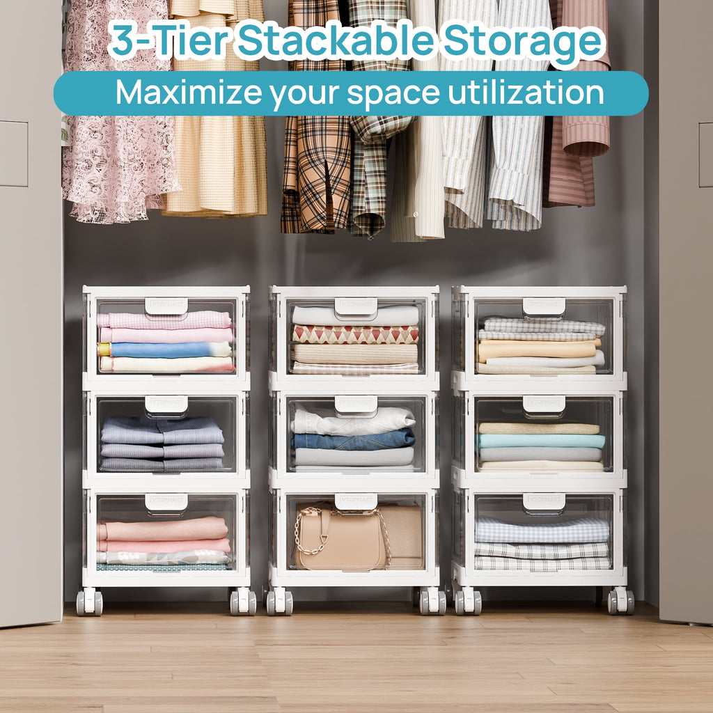 3-Layer Storage Bins, 72Qt Large Storage Containers with Lids, Storage Bins with wheels for Home Office Bedroom, Bathroom, White