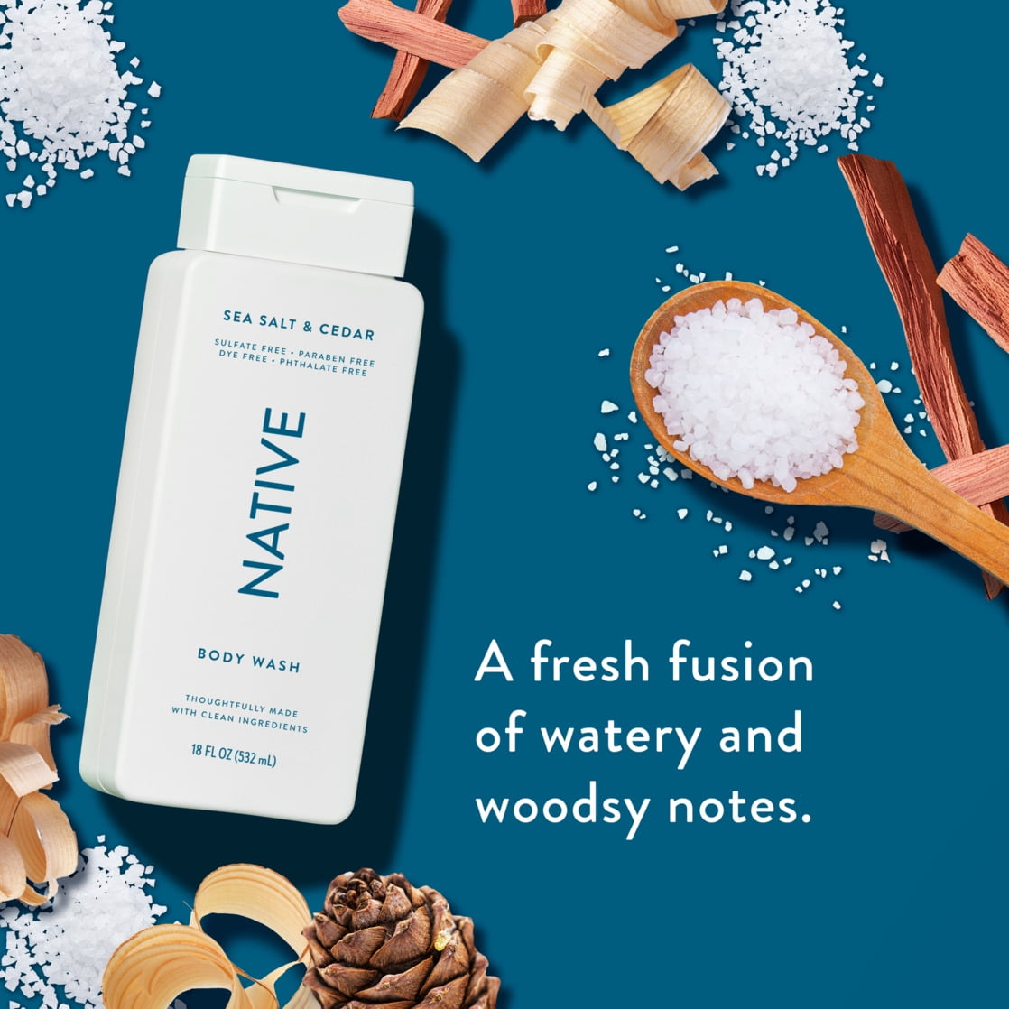 Body Wash, Sea Salt &amp; Cedar, Sulfate Free, Naturally Derived Ingredients, 24hr Freshness, for Women &amp; Men, 18 fl oz