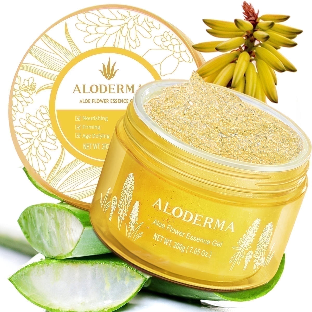 Age-Defying 24K Gold Leaf Aloe Flower Essence Gel, Made within 12 Hours of Harvest - Luxurious Aloe Gel with Allantoin &amp; Hyaluronic Acid for a Glowing, Shimmering, Youthful Complexion, 7oz