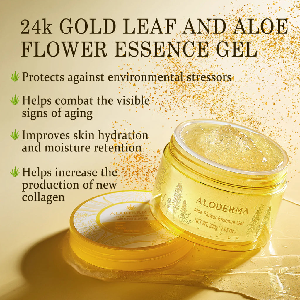 Age-Defying 24K Gold Leaf Aloe Flower Essence Gel, Made within 12 Hours of Harvest - Luxurious Aloe Gel with Allantoin &amp; Hyaluronic Acid for a Glowing, Shimmering, Youthful Complexion, 7oz