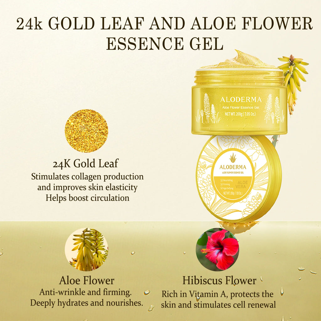 Age-Defying 24K Gold Leaf Aloe Flower Essence Gel, Made within 12 Hours of Harvest - Luxurious Aloe Gel with Allantoin &amp; Hyaluronic Acid for a Glowing, Shimmering, Youthful Complexion, 7oz
