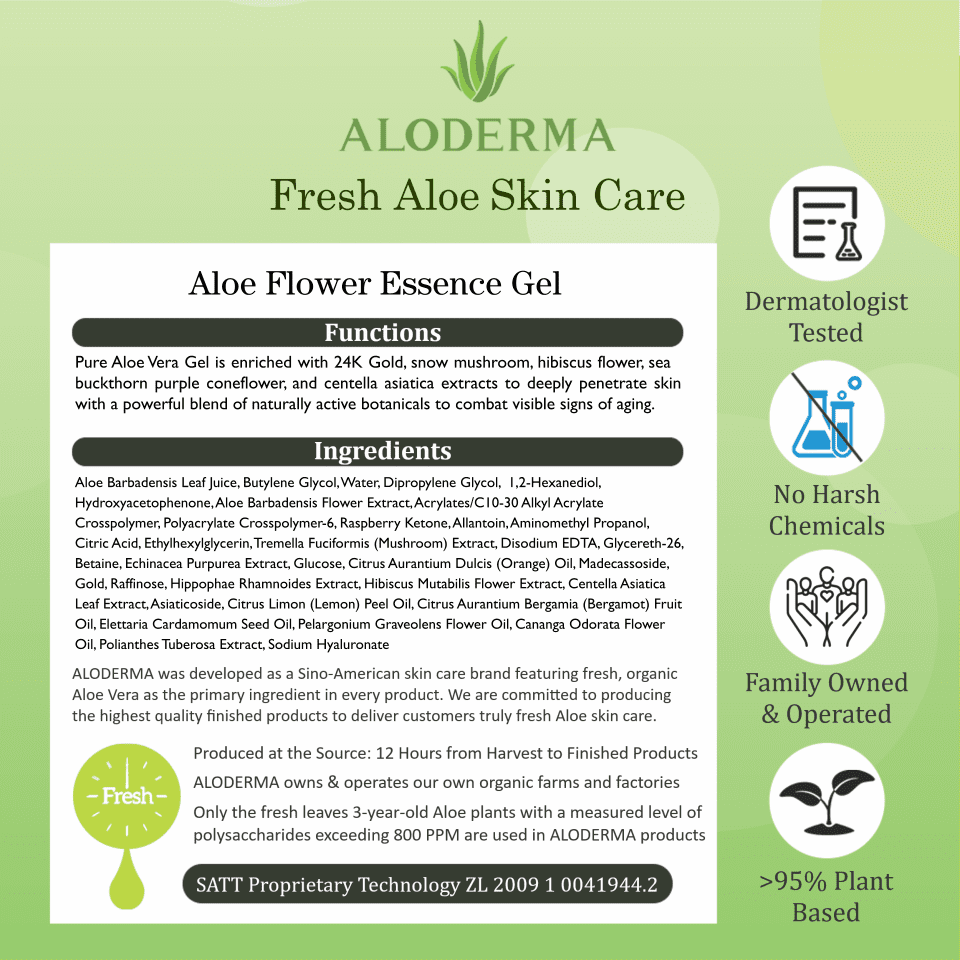Age-Defying 24K Gold Leaf Aloe Flower Essence Gel, Made within 12 Hours of Harvest - Luxurious Aloe Gel with Allantoin &amp; Hyaluronic Acid for a Glowing, Shimmering, Youthful Complexion, 7oz