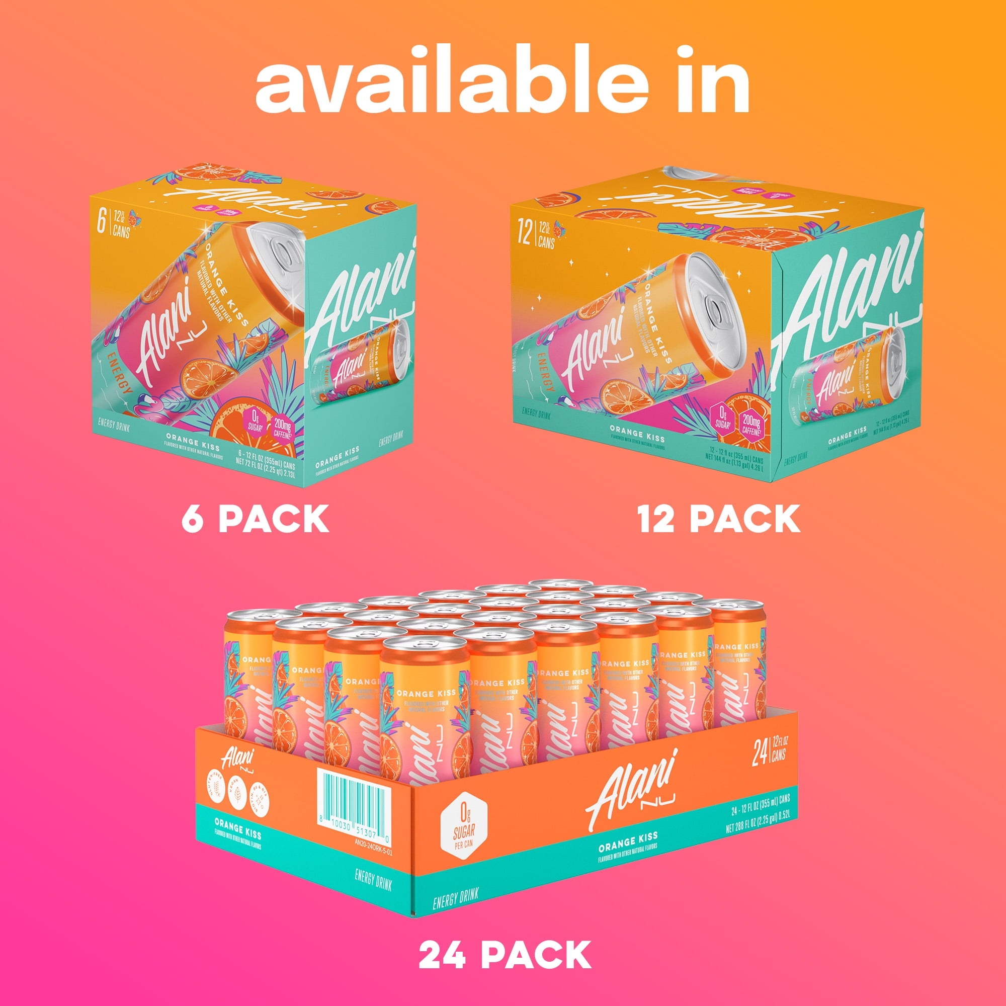 Sugar Free Energy Drink, Orange Kiss, 12 fl oz, 12 Pack, Cans, 200mg Caffeine
