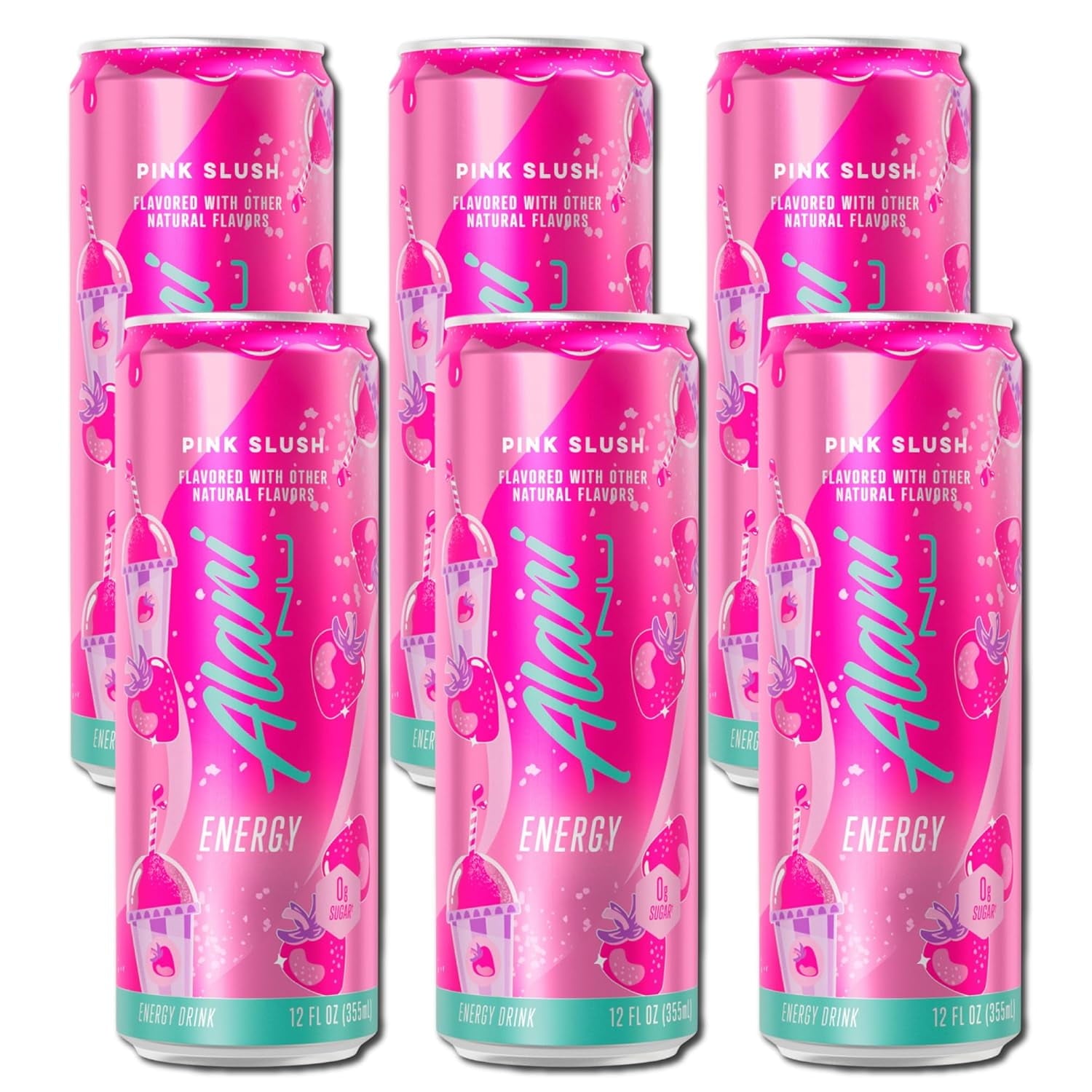 New Alani Energy Drink, Pink Slush Flavor, Sugar-Free, 12 fl oz Low-Calorie Energy Boost (Pack of 6)
