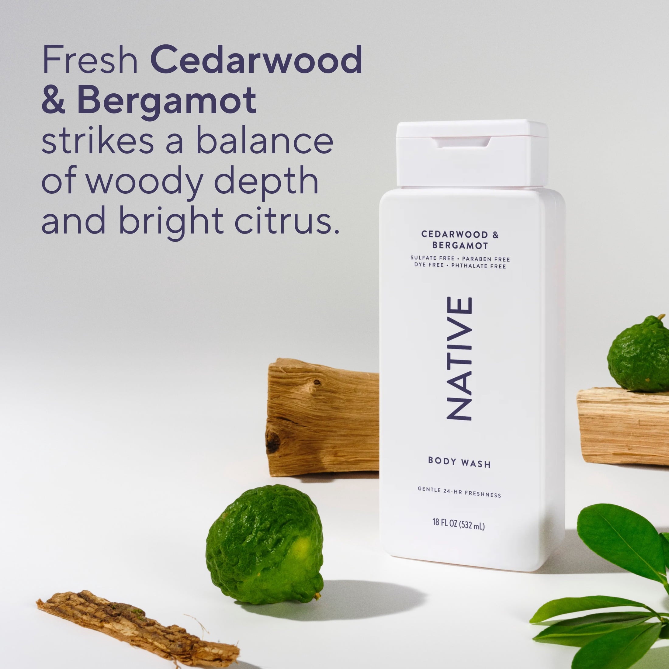 Body Wash, Cedarwood &amp; Bergamot, Sulfate Free, Naturally Derived Ingredients, 24hr Freshness, for Women &amp; Men, 18 fl oz