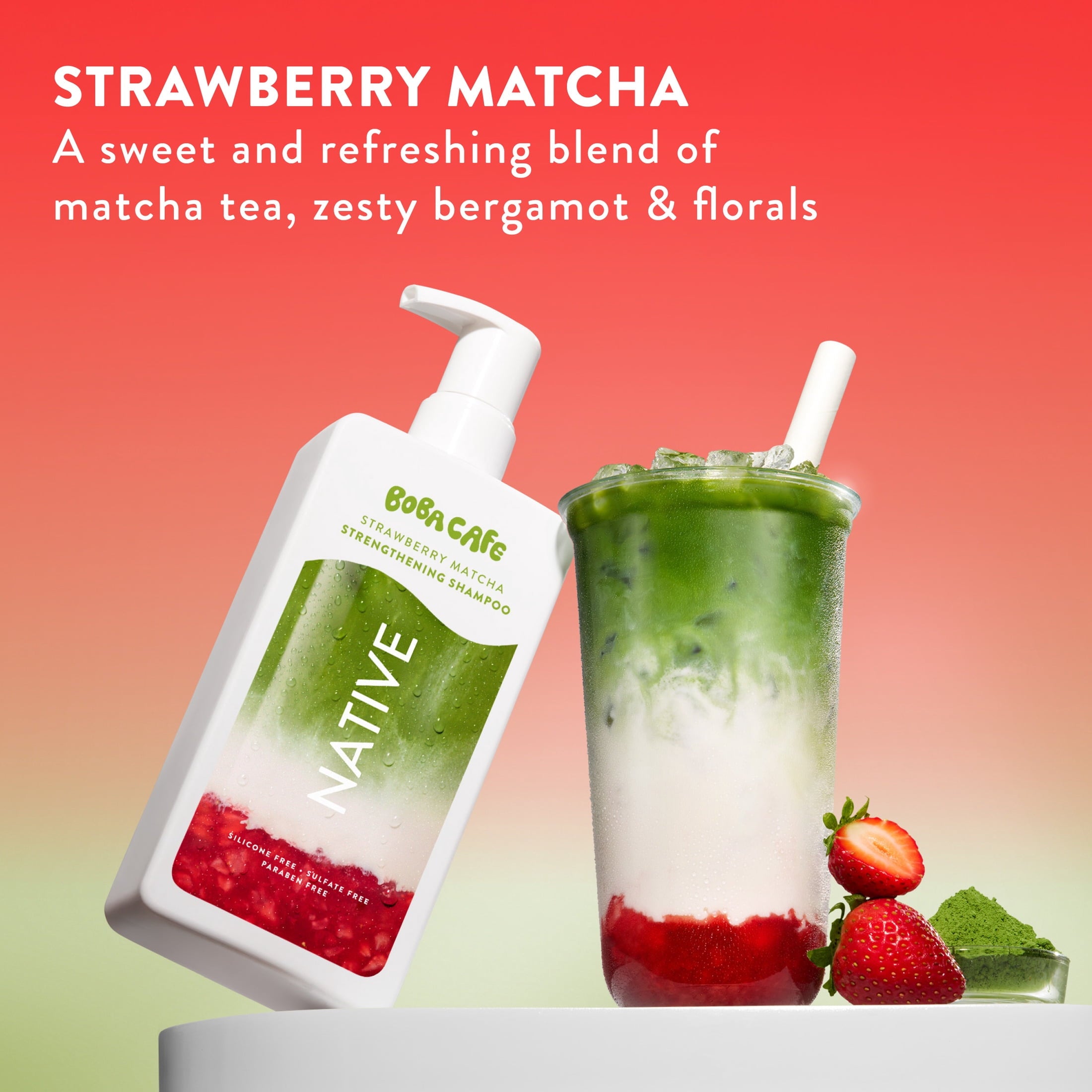 Strengthening Shampoo, Limited Edition Strawberry Matcha, Sulfate Free Shampoo for Women and Men, Boba Café, 16.5 fl oz