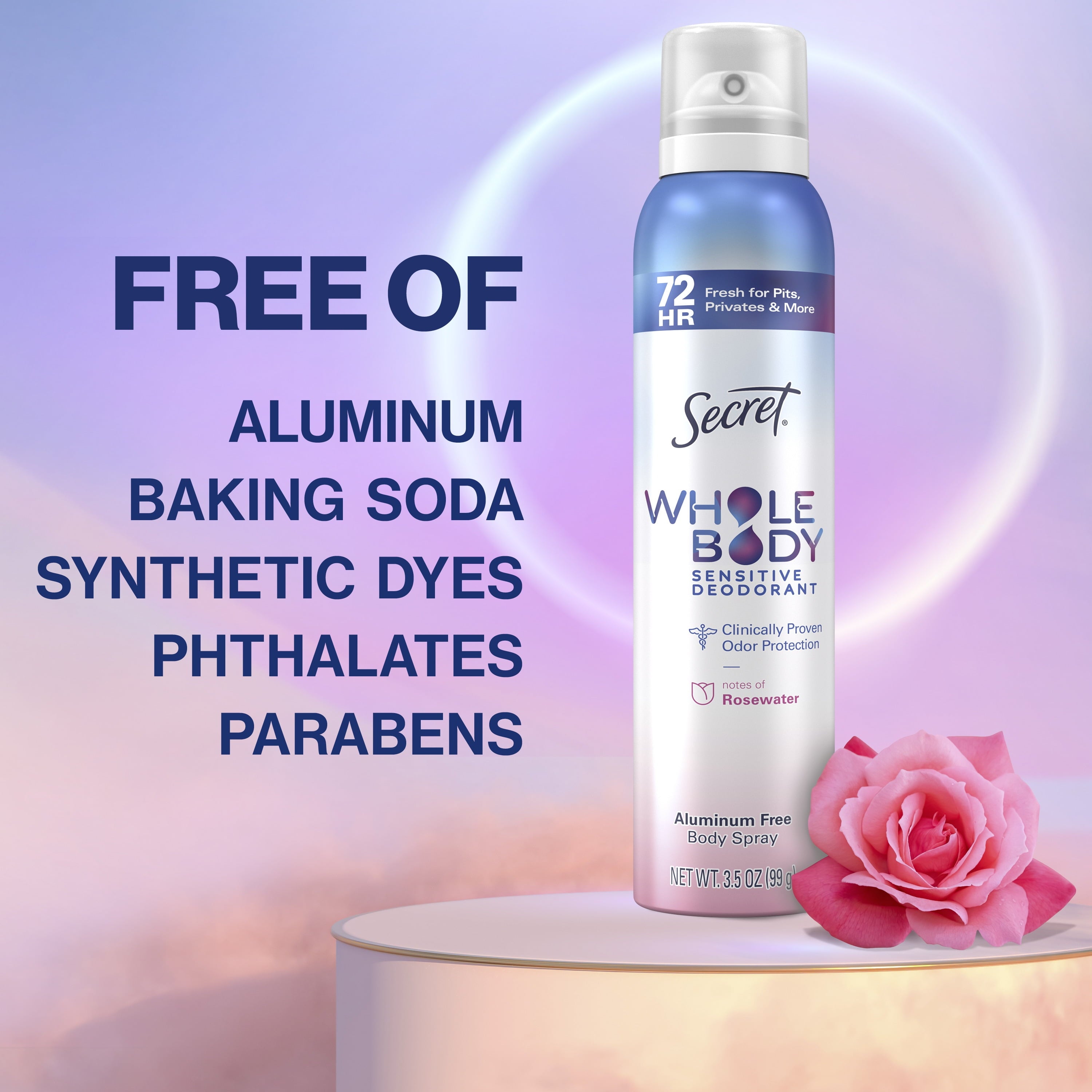 Whole Body Deodorant Spray for Women, Rosewater Scent, Aluminum Free Deodorant Stick, 72 HR Odor Protection, 3.5oz