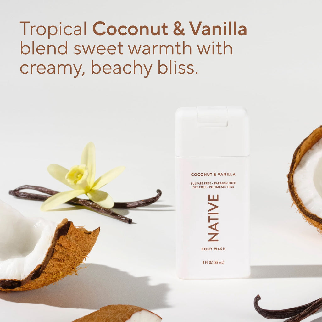 Body Wash, Sulfate Free, Coconut &amp; Vanilla, for Women and Men, Travel Size 3 oz