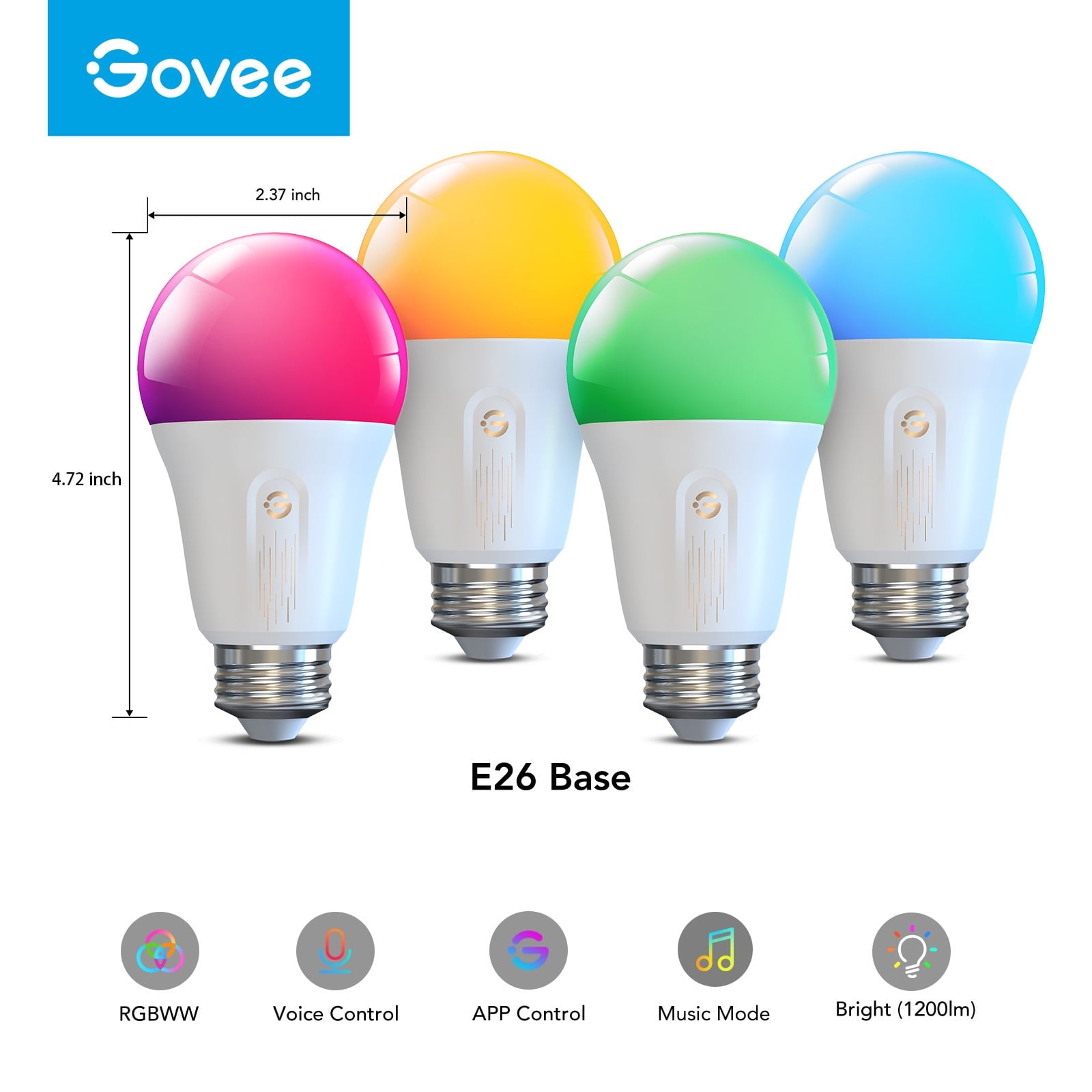 A19 Wi-Fi 1200LM RGBWW LED Smart Light Bulb, Wi-Fi &amp; Bluetooth Light Bulbs, Dimmable, Color Changing, 85W Equivalent Bulbs,4 packs