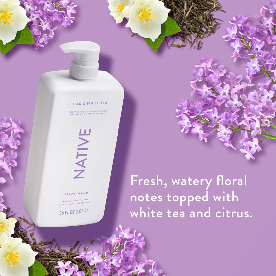 Body Wash, Lilac &amp; White Tea, Sulfate Free, Naturally Derived Ingredients, 24hr Freshness, for Women &amp; Men, 36 fl oz