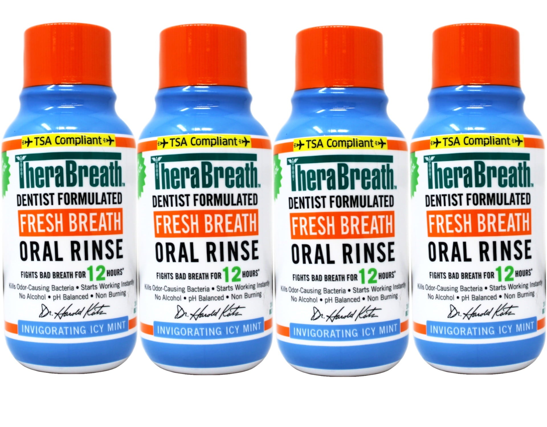 4 Pack - TheraBreath Fresh Breath Mouthwash, Icy Mint, Alcohol-Free, Travel Size, 3 fl oz